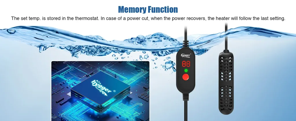 Hygger aquarium heater with memory function, digital display, and circuit board close-up