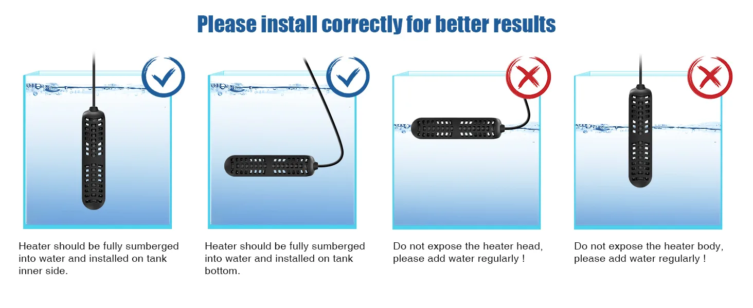 Correct aquarium heater installation guide: fully submerged, tank inner side or bottom, avoid exposing heater head/body.