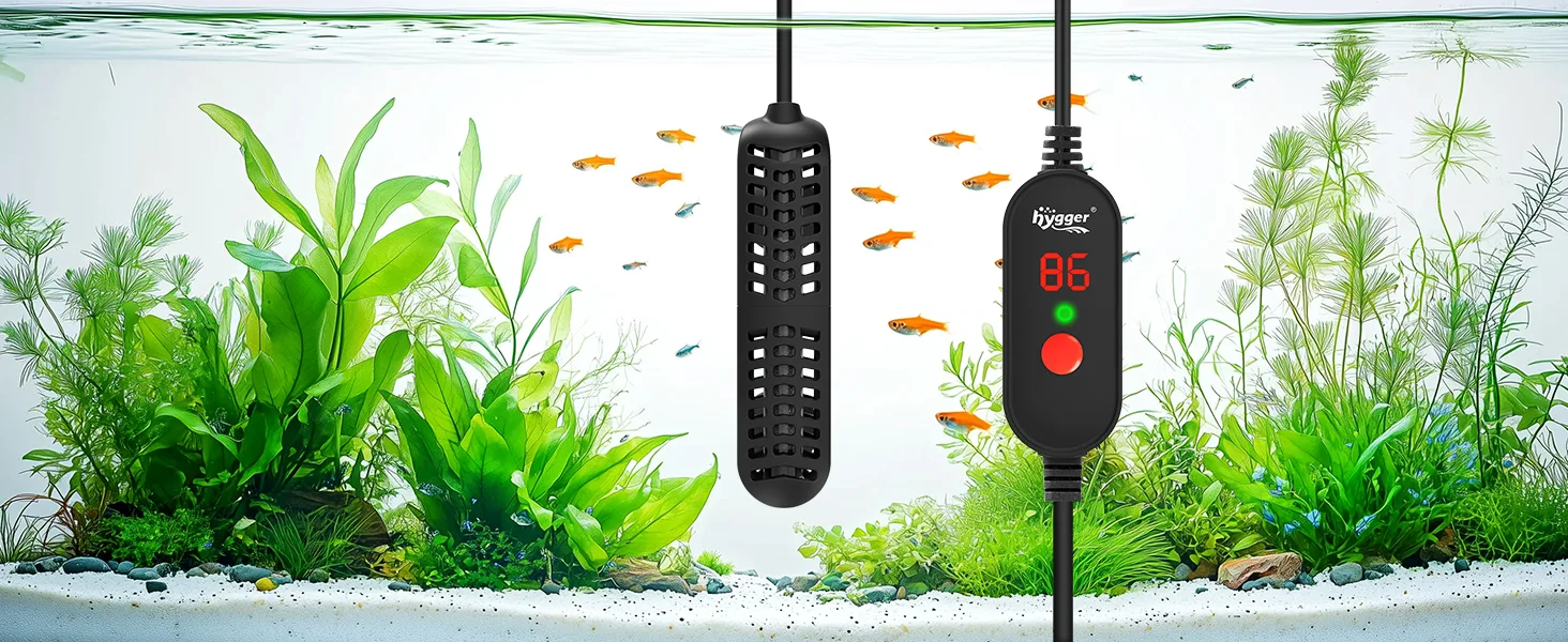 Hygger aquarium heater with digital display showing 86°F, fish and plants in a well-maintained tank