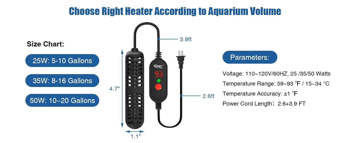 Hygger aquarium heater size chart showing 25W, 35W, and 50W models for 5-20 gallon tanks with temperature range 59-93°F and c