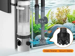 Hygger aquarium filter system with intake strainer vacuuming debris from water tank