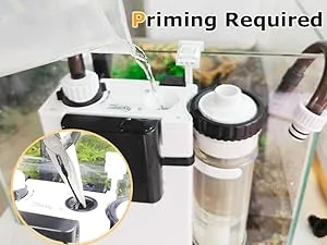 Hygger aquarium filter with priming required notice and close-up of priming process