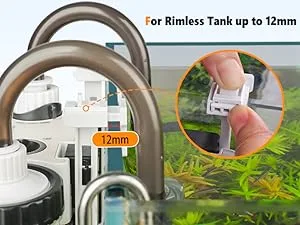 Hygger aquarium filter with 12mm rimless tank compatibility, close-up of adjustable fitting mechanism