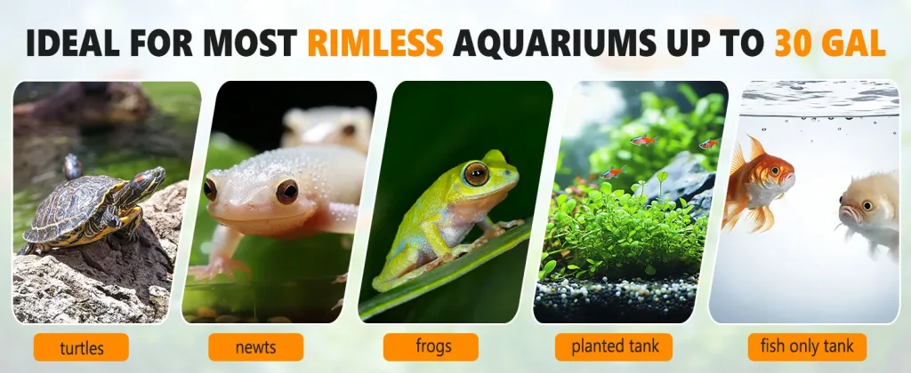 Rimless aquarium cover for turtles, newts, frogs, planted tanks, and fish-only tanks up to 30 gallons