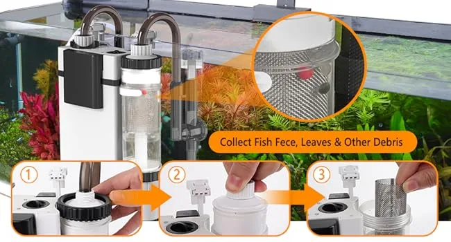Hygger aquarium filter system with debris collector for fish waste and leaves, step-by-step assembly guide