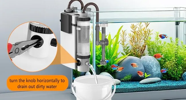 Hygger aquarium water changer with knob for draining dirty water, showing fish tank setup and close-up of knob operation
