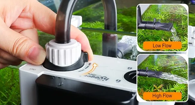 Adjustable flow control knob on Hygger aquarium filter with Low Flow and High Flow settings shown in close-up
