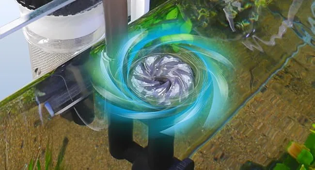 Hygger aquarium water circulation system with blue spiral flow and clear glass tank