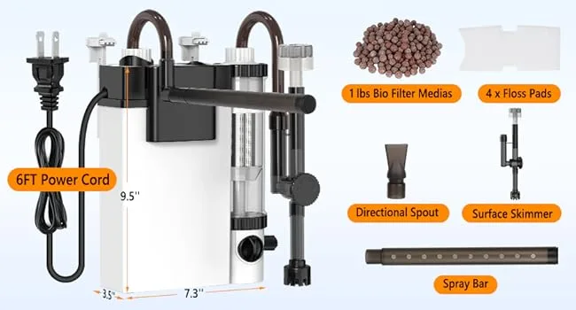 Hygger aquarium filter system with 6FT power cord, 1lbs bio filter media, 4x floss pads, directional spout, surface skimmer,