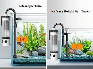 Hygger telescopic tube aquarium filter for adjustable height fish tanks, 9.4" and 7" models shown with plants and fish