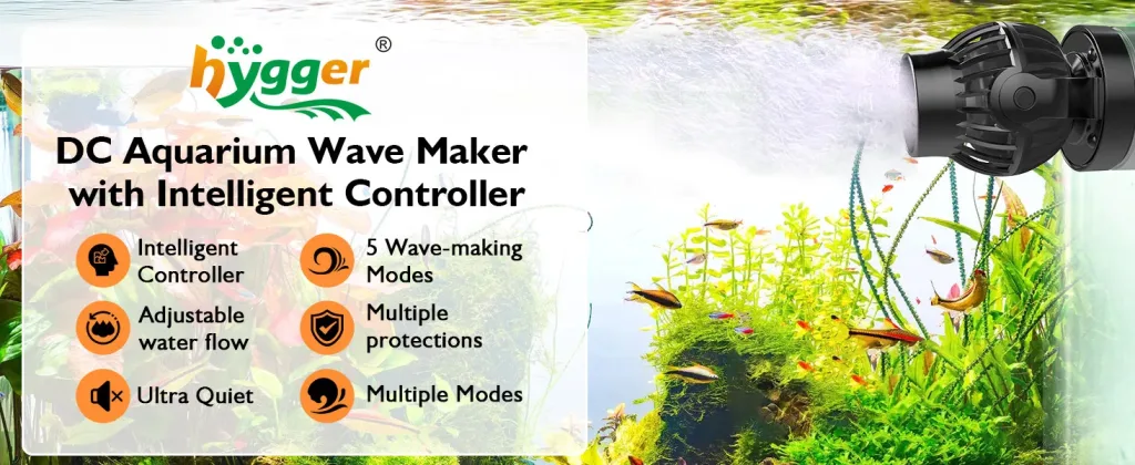 Hygger DC Aquarium Wave Maker with Intelligent Controller creating gentle water flow in a vibrant planted tank with fish