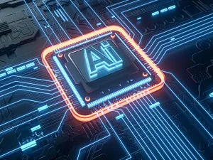 AI-powered aquarium technology with glowing circuit board design featuring 'AI' logo