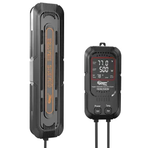hygger adjustable aquarium heater with digital display showing current temperature 77.0°F and power 500W, set to 78°F for 150