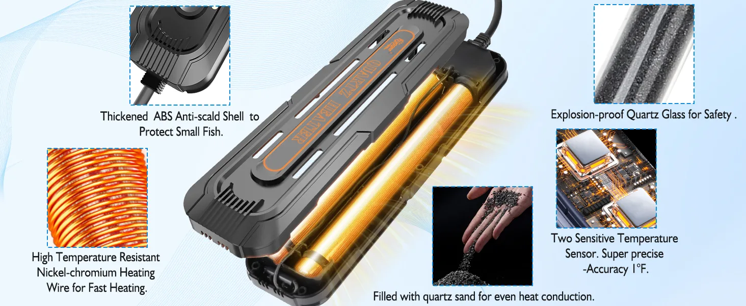 Hygger aquarium heater with thickened ABS shell, nickel-chromium heating wire, quartz glass, and temperature sensors for safe