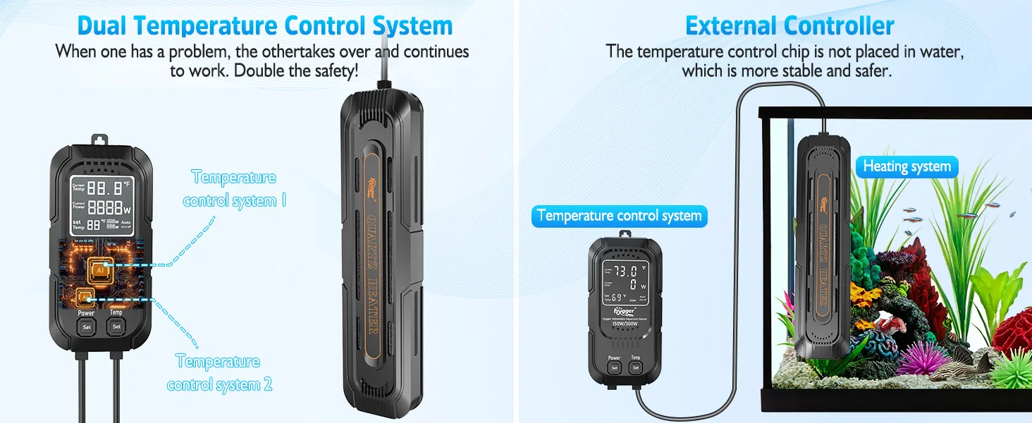Hygger dual temperature control system for aquariums with external controller and safety features
