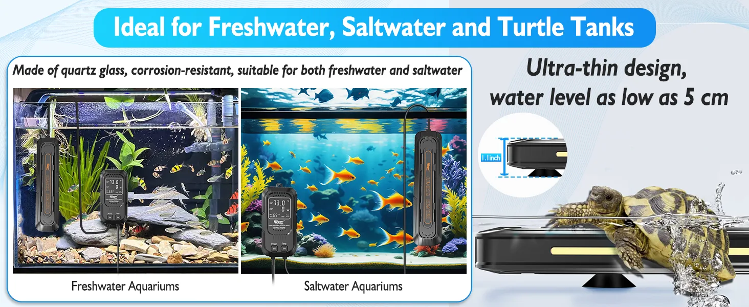 Hygger aquarium heater for freshwater, saltwater, and turtle tanks with ultra-thin design and 5cm water level compatibility