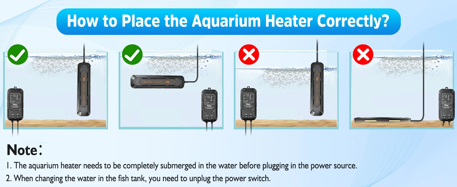 How to correctly place an aquarium heater with proper submersion and power connection examples.