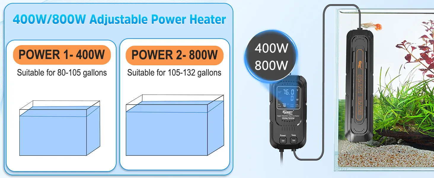 Hygger 400W/800W Adjustable Power Heater for aquariums, with 2 power settings for 80-132 gallon tanks, digital thermostat con