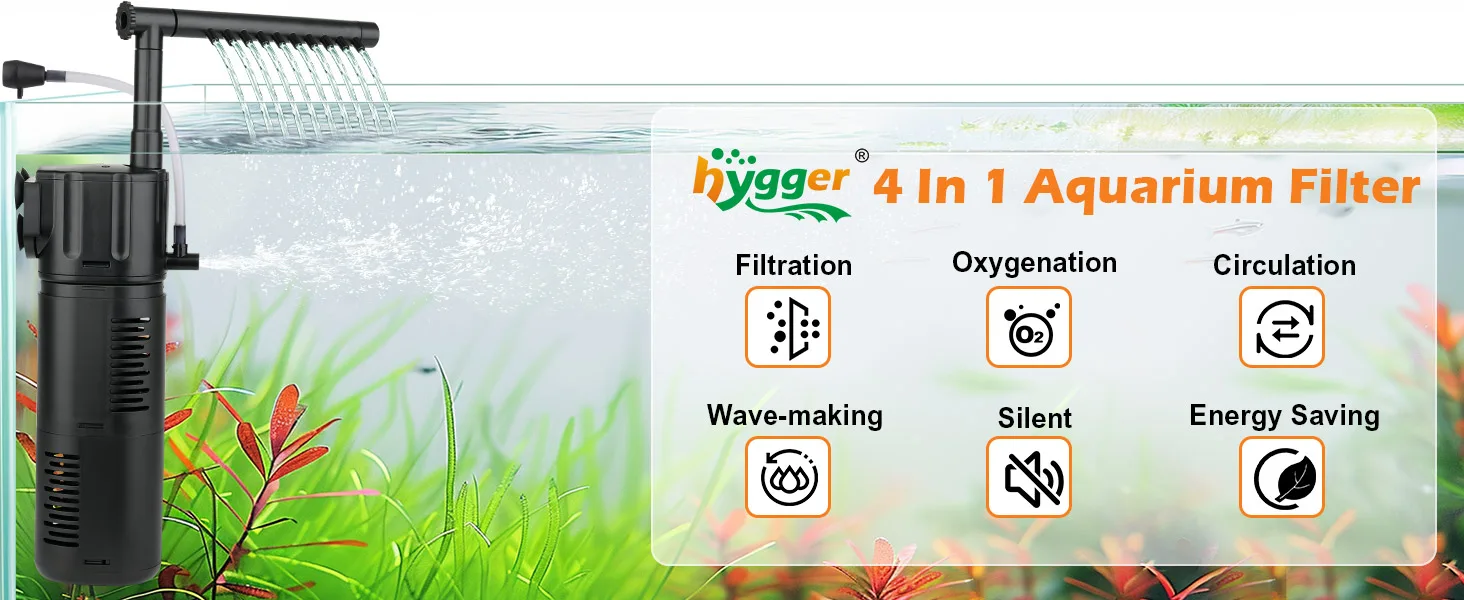 hygger 4-in-1 aquarium filter with filtration, oxygenation, circulation, and wave-making features for aquariums