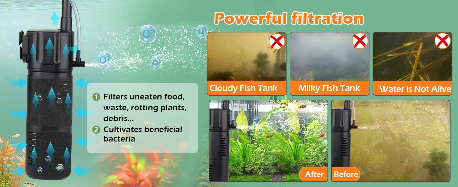 Hygger aquarium filter with powerful filtration, removing debris and cultivating beneficial bacteria for clear water.