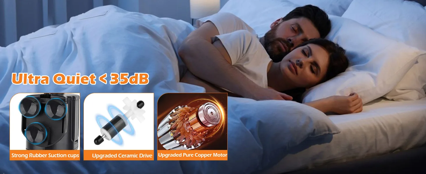 A couple sleeping peacefully in bed with a quiet aquarium pump featuring strong rubber suction cups, upgraded ceramic drive,