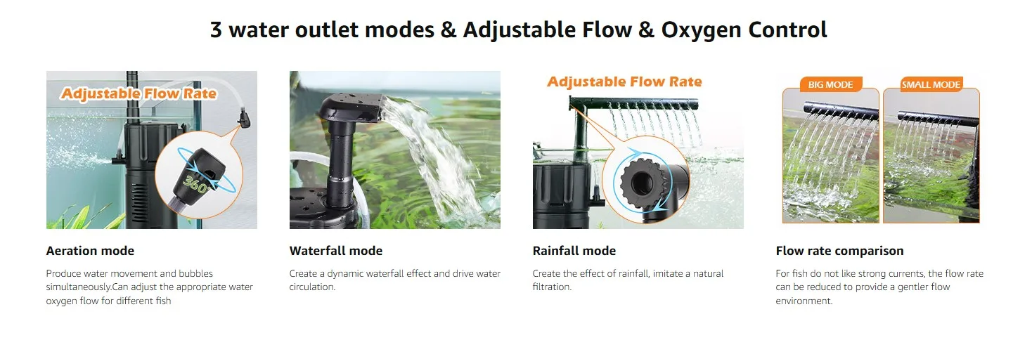Hygger aquarium pump with 3 water outlet modes: Aeration, Waterfall, and Rainfall for adjustable flow and oxygen control in f