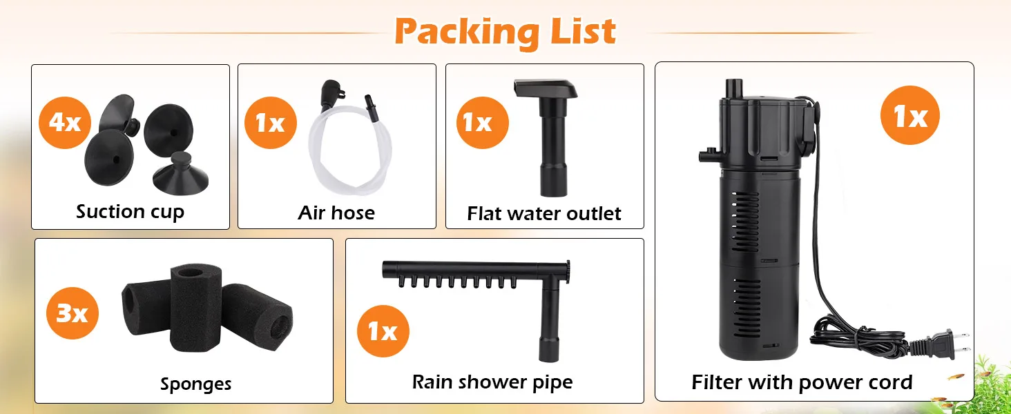 Packing list for Hygger aquarium filter showing 4 suction cups, 1 air hose, 1 flat water outlet, 3 sponges, 1 rain shower pip