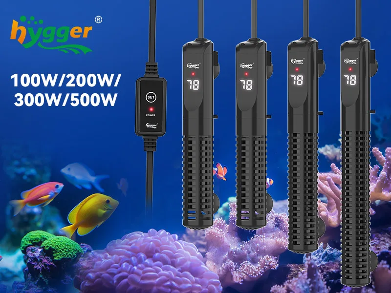 Hygger aquarium heaters with 100W, 200W, 300W, and 500W power options for fish tanks, featuring digital displays and adjustab