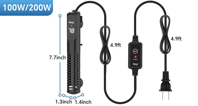 Hygger 100W/200W aquarium heater with 7.7-inch length, 1.3-inch base, 1.4-inch top, and 4.9ft power cord for fish tank temper
