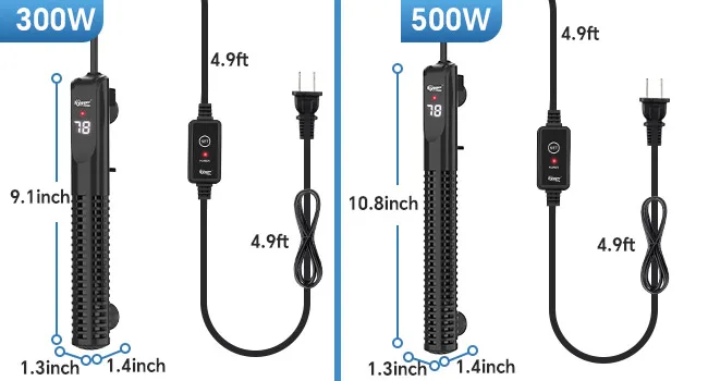 Hygger 300W & 500W aquarium heaters with 4.9ft cords, 9.1inch/10.8inch lengths, and 1.3inch/1.4inch base dimensions for fish
