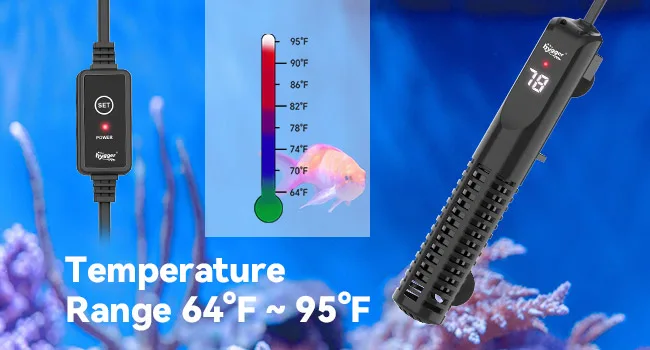 Hygger aquarium heater with digital display showing 78°F, temperature range 64°F-95°F, and fish in coral reef background