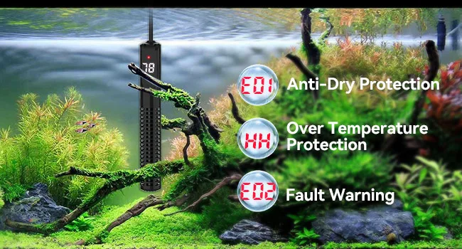 Hygger aquarium heater with E01 Anti-Dry Protection, E02 Fault Warning, and HH Over Temperature Protection in a lush planted