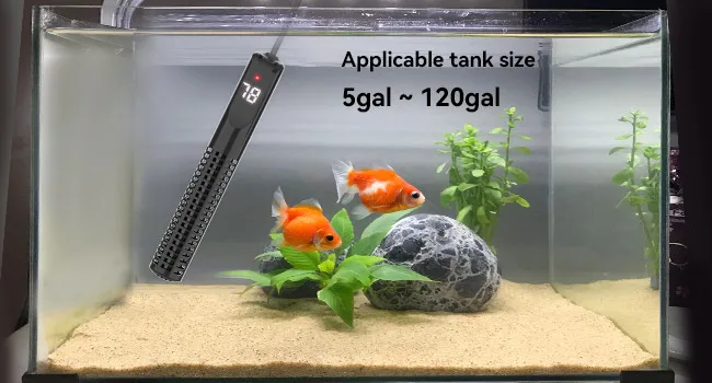 Hygger aquarium with 2 goldfish, thermometer, plants, and gravel in a 5-120gal tank