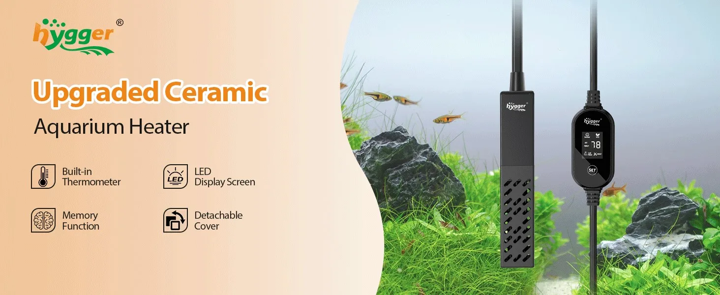 Hygger Upgraded Ceramic Aquarium Heater with LED display, built-in thermometer, and detachable cover for precise water temper