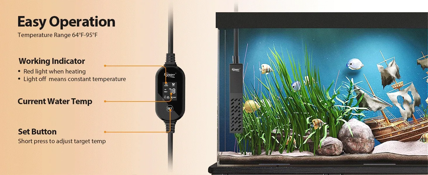 Hygger aquarium heater with digital display showing current water temperature and working indicator for easy operation in fis