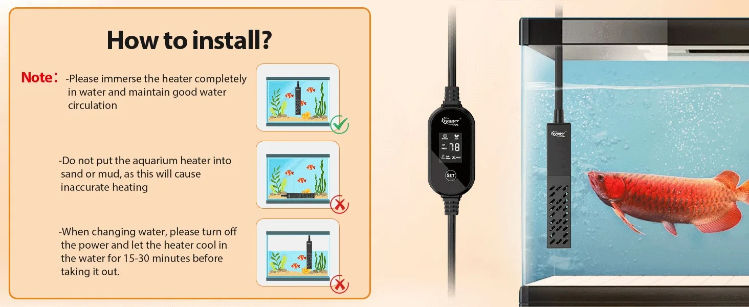 Hygger aquarium heater installation guide with step-by-step instructions for proper setup and maintenance in fish tanks.