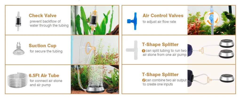 Hygger aquarium components: check valve, suction cup, air tube, air control valves, T-shape splitters for aquarium setup