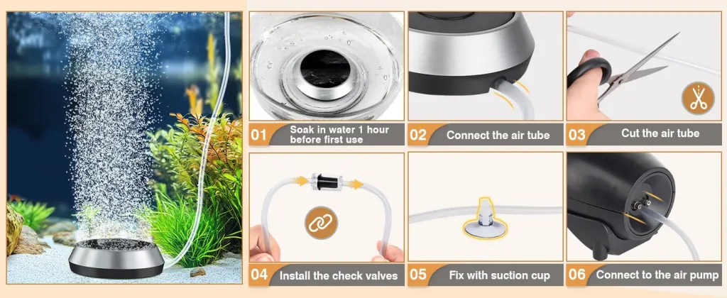 Hygger aquarium air stone setup guide: soak, connect tubing, install check valves, and attach to air pump for optimal water c