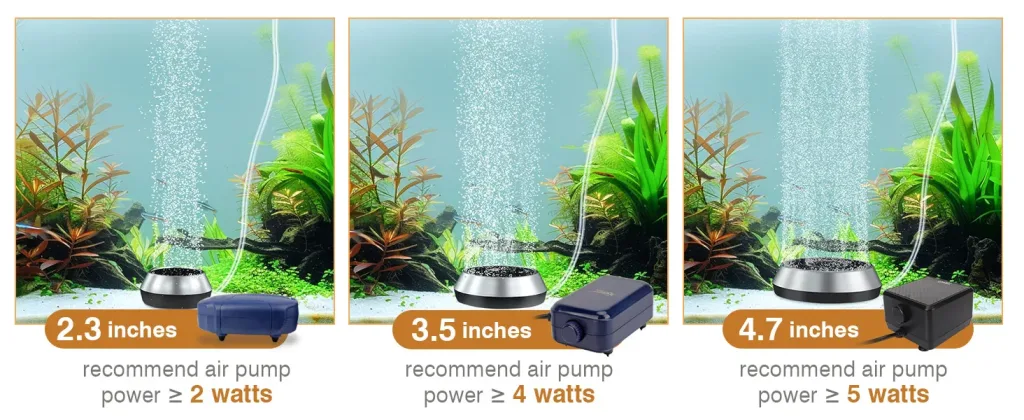 Hygger aquarium air pump comparison: 2.3in (2W), 3.5in (4W), 4.7in (5W) with bubble columns and plants