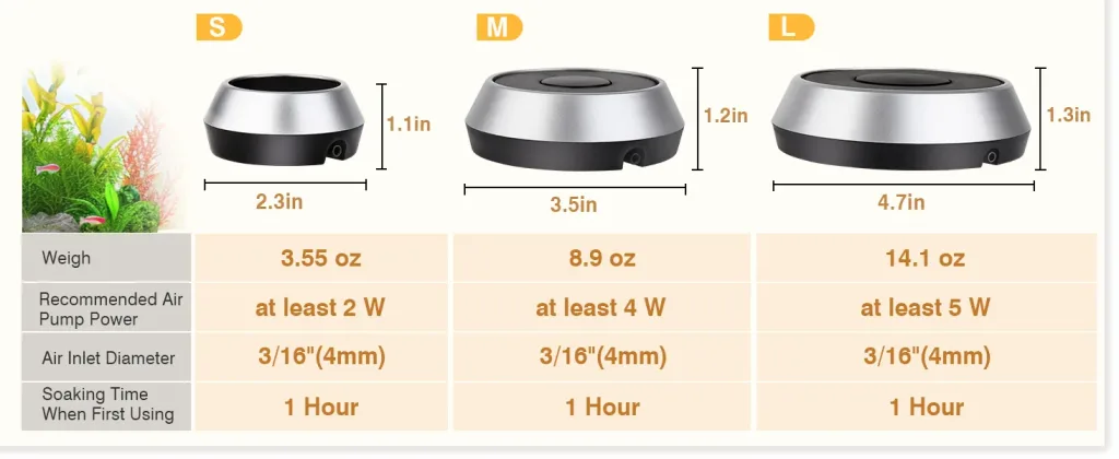 Hygger aquarium air stone size comparison: S (2.3in x 1.1in, 3.55 oz), M (3.5in x 1.2in, 8.9 oz), L (4.7in x 1.3in, 14.1 oz)