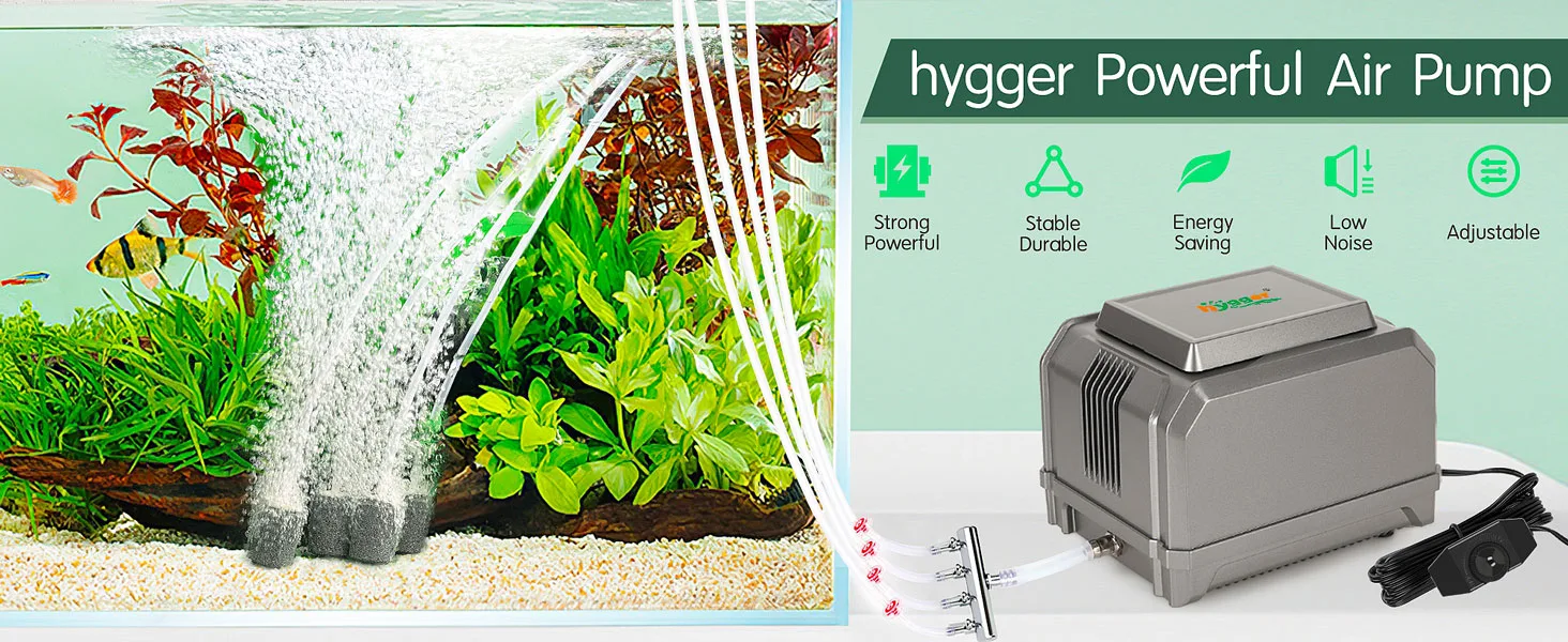 hygger Powerful Air Pump for aquarium with strong airflow, stable performance, energy saving, low noise, and adjustable setti