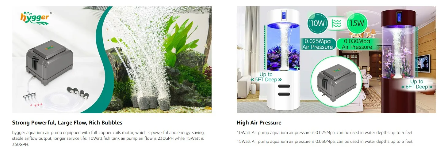 Hygger aquarium air pump with strong flow and rich bubbles for 10W and 15W models, showing water flow in fish tank