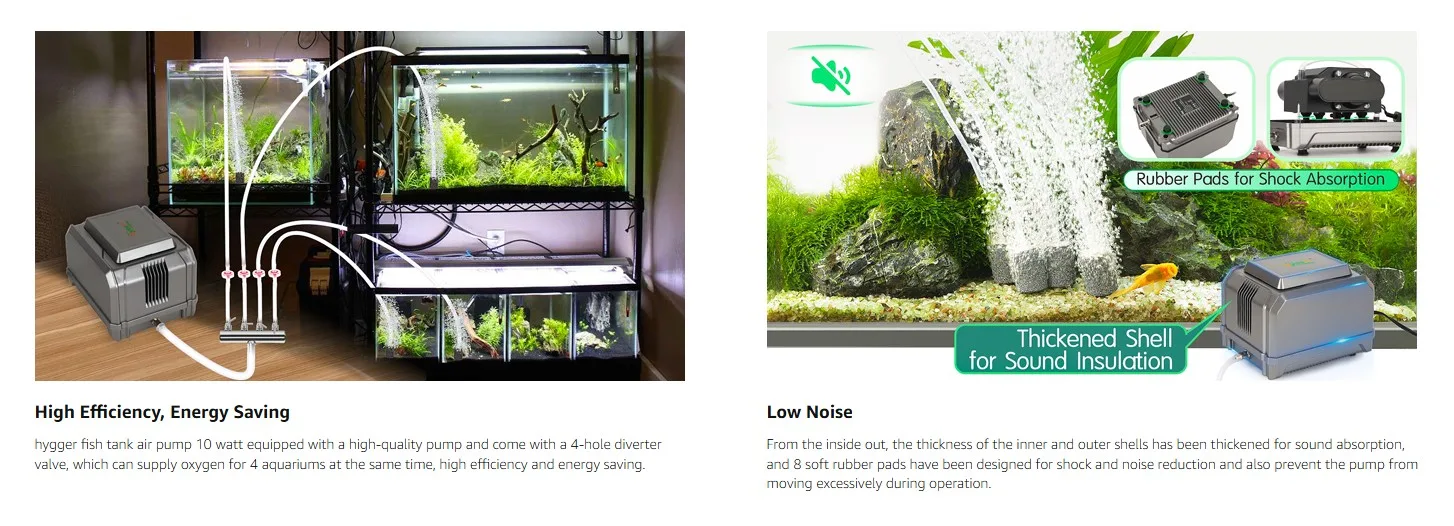 Hygger 10W aquarium air pump with 4-hole diverter valve supplying oxygen to 4 tanks, high efficiency energy saving.