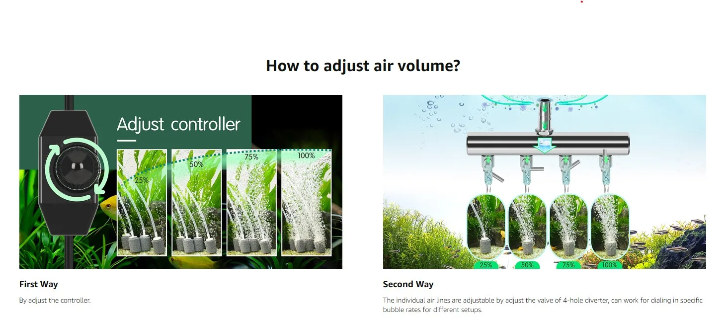 How to adjust air volume in aquarium: controller and 4-hole diverter methods with 25%-100% settings