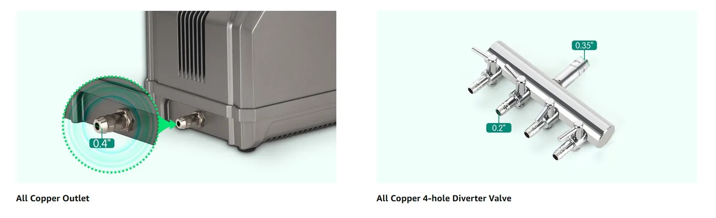 Hygger aquarium's all copper outlet with 0.4" fitting and 4-hole diverter valve with 0.2" and 0.35" fittings for aquarium plu