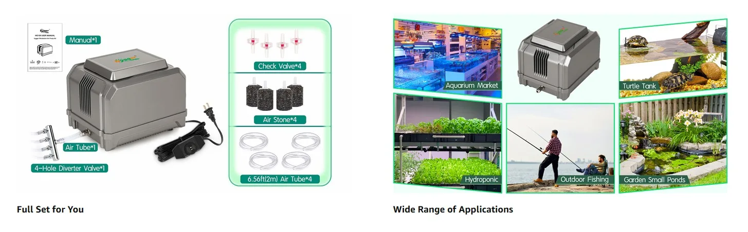 Hygger aquarium air pump kit with 4 check valves, 4 air stones, and 4 air tubes for aquariums, hydroponics, and ponds.