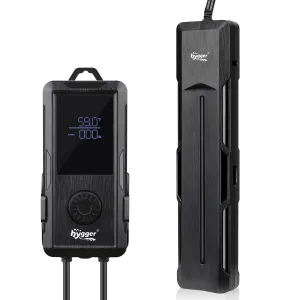 Hygger aquarium heater with digital display showing 59.0°F and 000W power, featuring a control knob and brand logo.