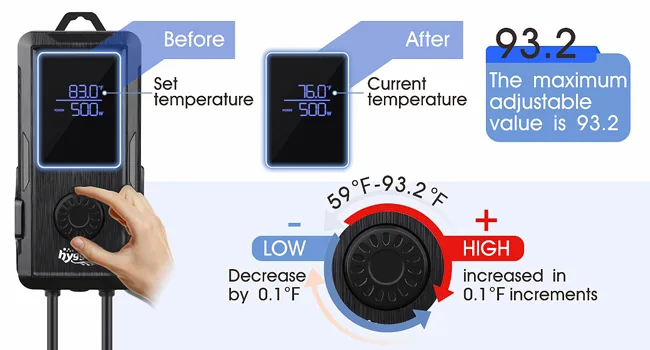 Hygger aquarium heater control interface showing before and after temperature settings with adjustable range from 59°F to 93.