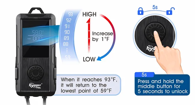 Hygger aquarium heater control panel showing temperature settings from 59°F to 93°F with unlock button instructions