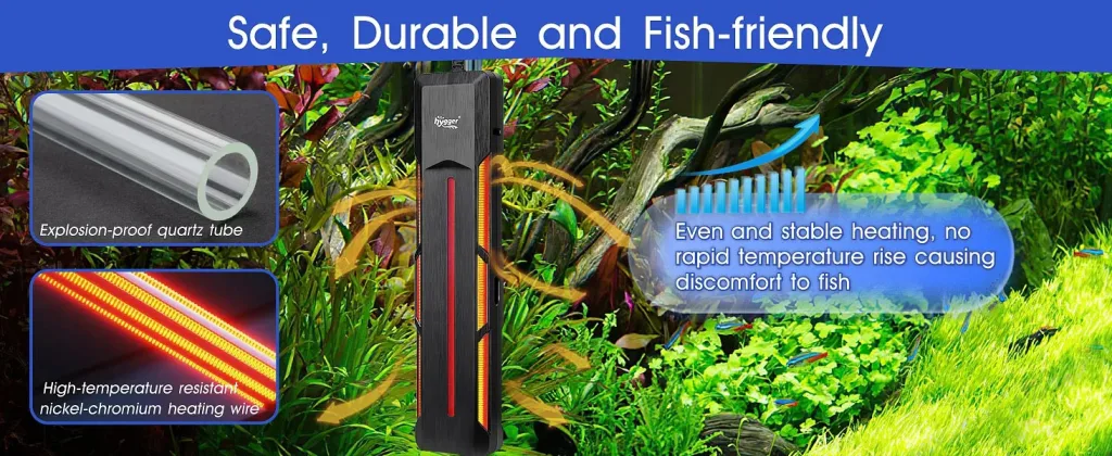 Hygger aquarium heater with explosion-proof quartz tube and nickel-chromium heating wire for safe, durable, and fish-friendly